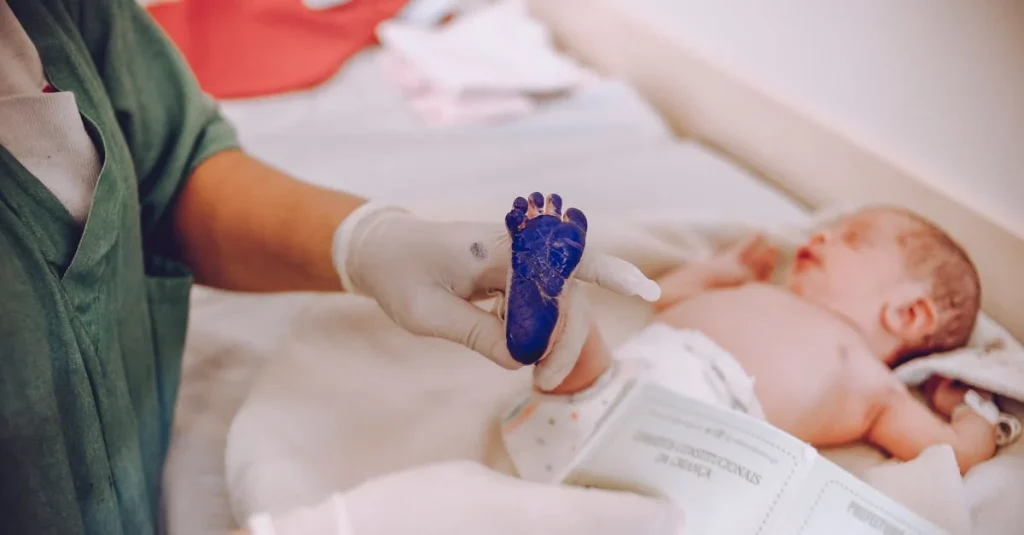 Baby with foot painted blue